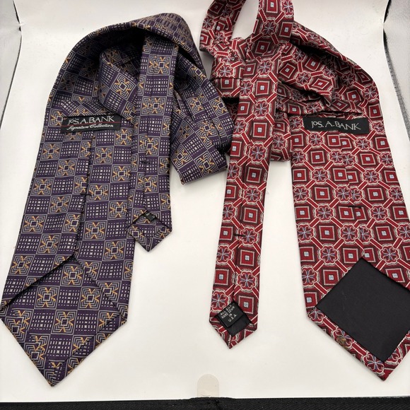 Jos A Bank Mens Silk Tie Lot 2 Purple Geometric Red Floral Medallion Hand Sewn - Picture 6 of 11